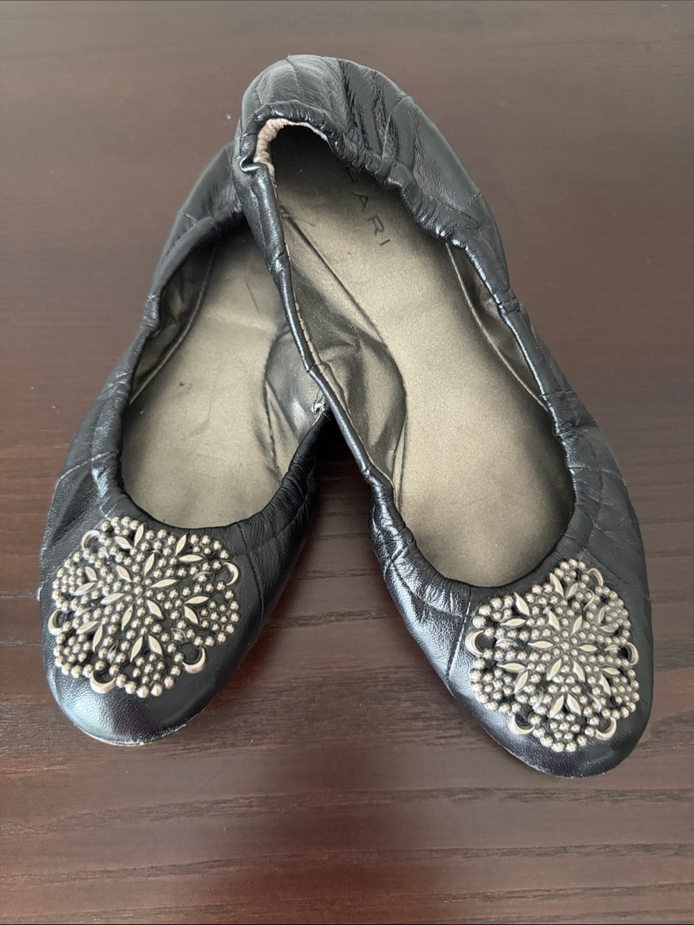 Tahari Valerie Black Leather Embellished Ballet Flats